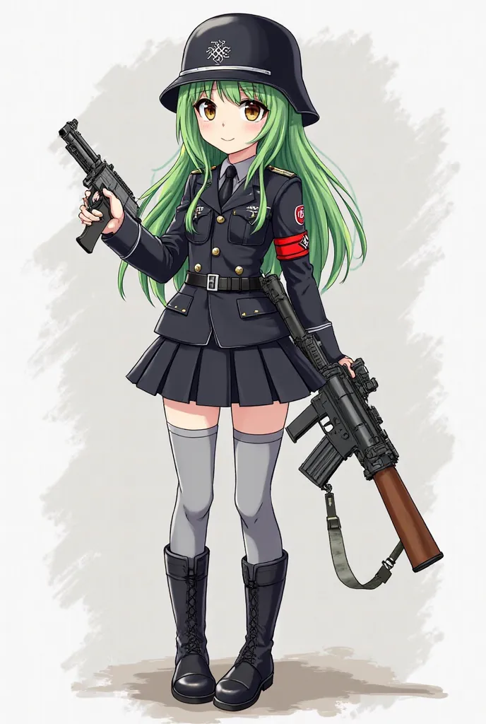 Draw a girl, a Nazi soldier, a black Nazi military uniform with her black helmet, skirt and boots, green hair and brown eyes and a gun looking with a bad smiley face in anime format to show her gray pants a little, and she also adds 3 other girls with the ...