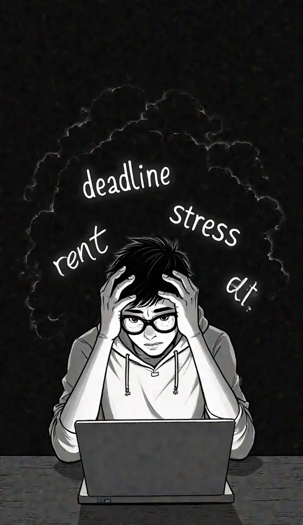 📌 Prompt:
"A minimalist, monochrome digital illustration in black and white. A young man, around 25 years old, wearing glasses and a hoodie, sits in front of a glowing computer screen. He holds his head in both hands, his face showing distress and anxiety....