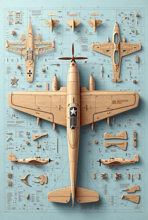 Prompt 6: Create a comprehensive blueprint of a vintage WWII combat aircraft in flat style for a woodworking project. Highlight a sleek, aerodynamic structure with prominent wings and a dynamic propeller. Include cross-sectional views, exploded diagrams, a...