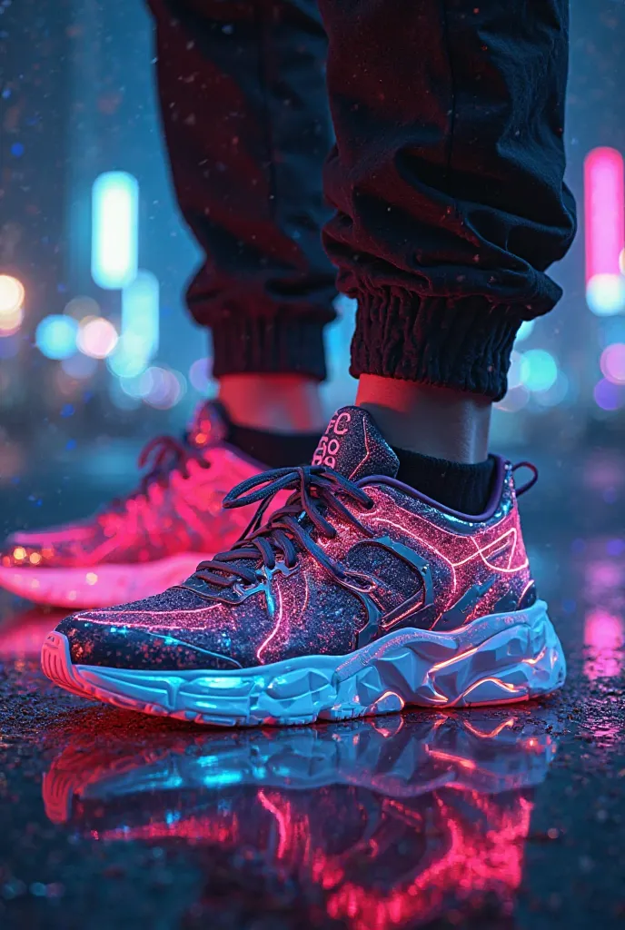 Retro-Futuristic Cyberpunk Sneakers
Neon wireframe design with metallic overlays and cyberpunk aesthetics.
Built-in mini projector or LED interface for customizable digital displays