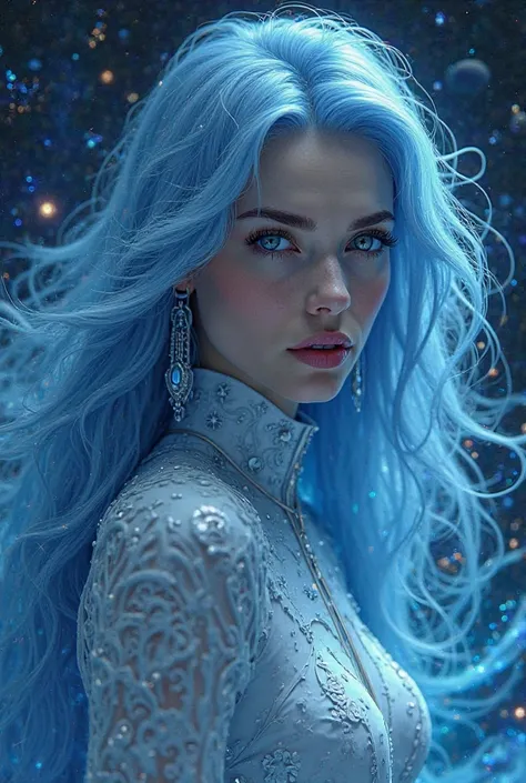 "A woman representing the Aquarius sign,  with long flowing hair , in blue or silver color, with a serious and mysterious expression. She wears futuristic clothes, that reflect the innovative and unique energy of the sign.  Next to her , the Aquarius symbo...