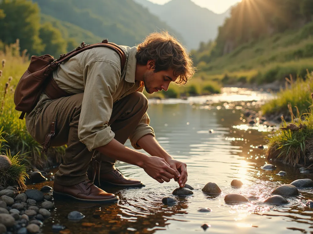 A young shepherd named David bends down next to a crystal clear stream, carefully selecting smooth, rounded stones from the water. His expression is decisive as he examines each stone before placing it in his leather bag.  The sun shines on the water , cre...