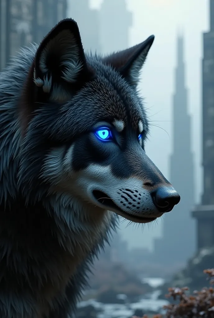 A wolf upper body in 3d style black from left side, white from right side with blue electric eyes, with architectural visualizations 