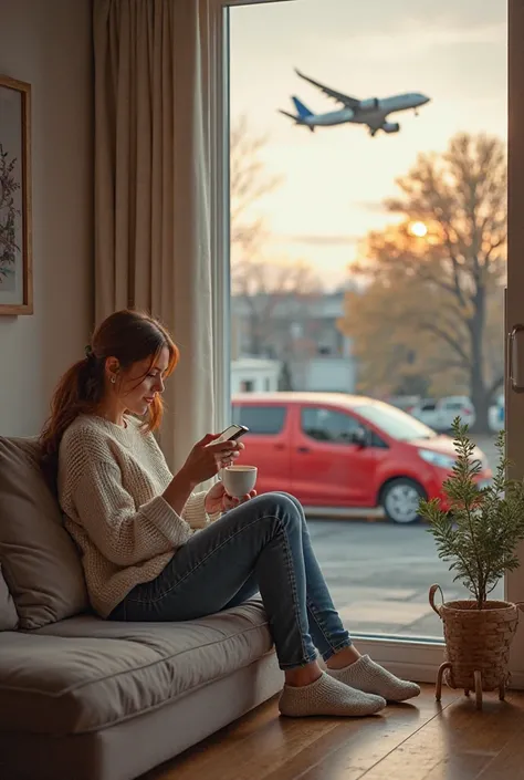 create an image. a woman sitting in the living room of a beautiful apartment drinking coffee, she dressed in knitted jeans and socks,  checking her cell phone .  outside the apartment you can see a red Toyota van in the parking lot and an airplane in the s...