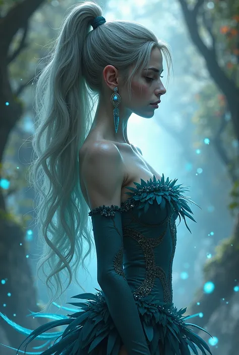 (((( huge muscles ))))  A graceful 30-year-old elf with a wild sapphire aura, whose appearance is stunning every time. Her figure is flexible, like a vine, hair gathered in a high ponytail with a hairstyle with ash-gray weaving elements. She is wearing an ...