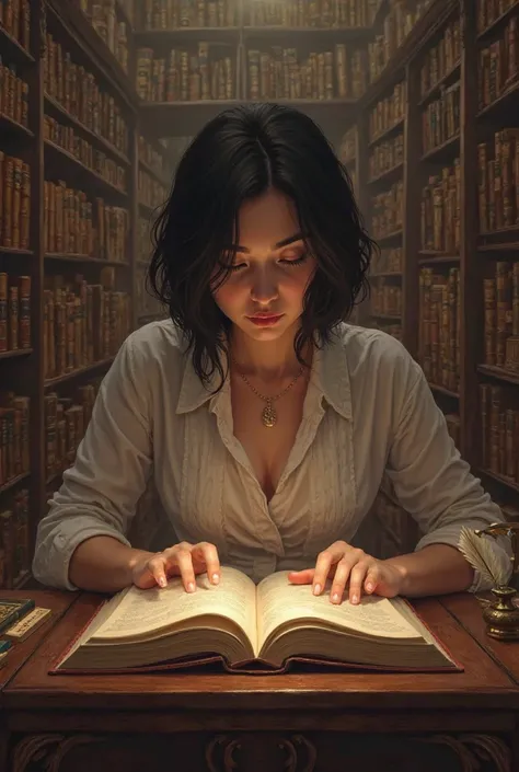  An open book shining on top of a pulpit, with an inkwell and a pen. A woman with short black hair reads the book. In the background, a windowless library with tall shelves filled with brown books.