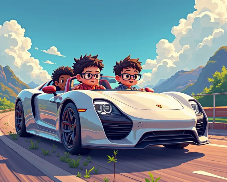 3 boys in a car, auto panamera, Two boys, one with glasses and the other not white skin and the other with brown skin with glasses, pixel,  Pixel art , anime pixel