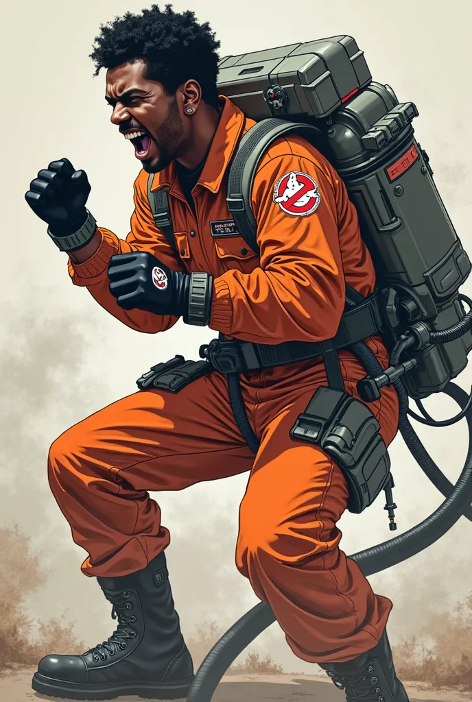 Side view profile of ghostbusters wilson, black male, orange jumpsuit with red round insignia on upper arm, black dish washer gloves, black ploshed tactical boots, photon back pack with attached hose on hands, screaming, anime style, full body image