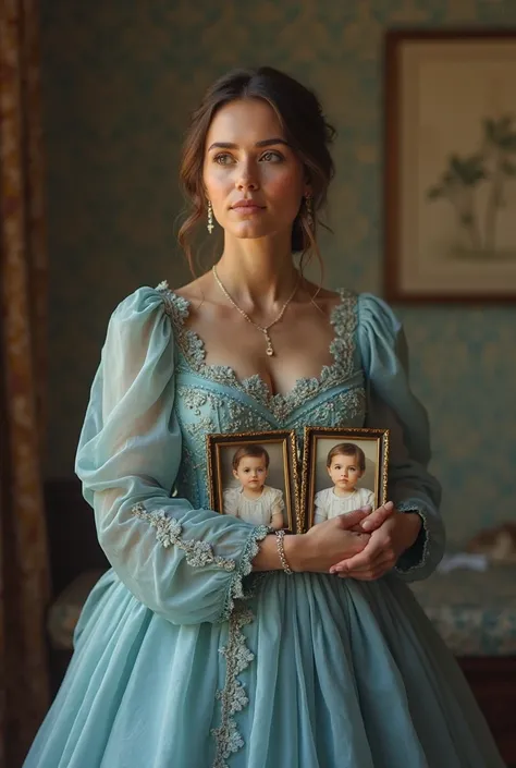 
A married woman wearing a big blue dress with a picture of her daughter and son  