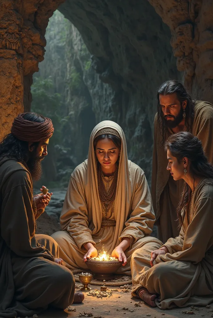 An Arab woman drinks medicine in a cave surrounded by men