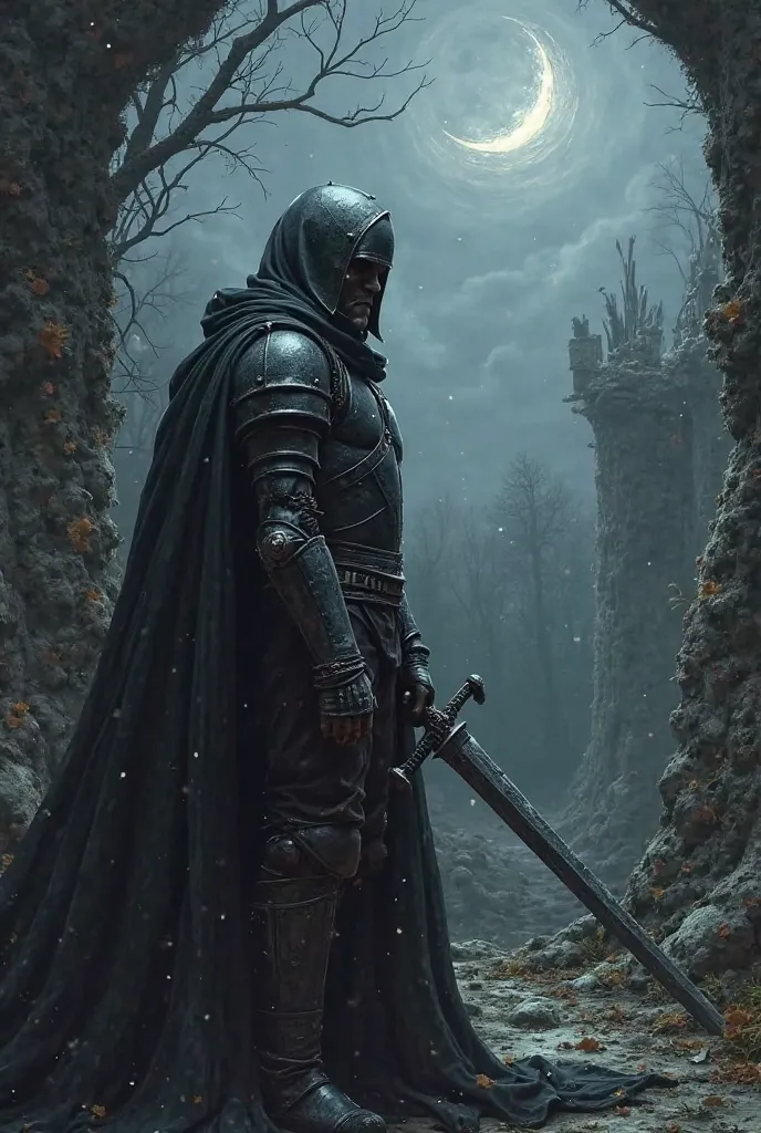  A dark knight, clad in black armor and a tattered cloak, stands before a ruined castle. The crescent moon shines bright in the night sky, casting a silver glow over the scene. The knight grasps a broken sword and gazes downward, as if reflecting on a trag...