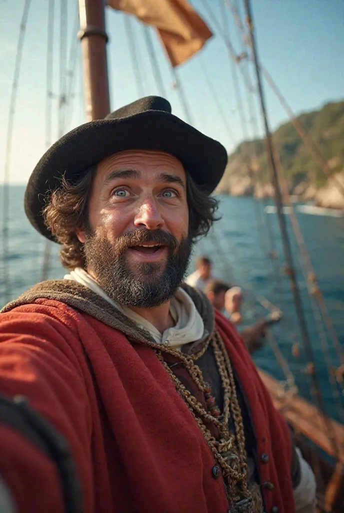 He generates Christopher Columbus on his ship after discovering America taking a selfie and with a surprised expression, but one that is from the perspective of the rear camera of the phone and pointing at the island