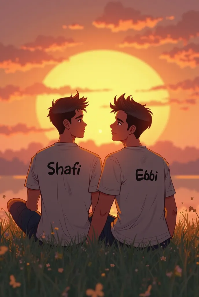 Two Best friends are setting in the grass enjoying the sunset and one boy name is Shafi written on the back of the t shirt and another boy name is Ebbi written on the back of t shirt 