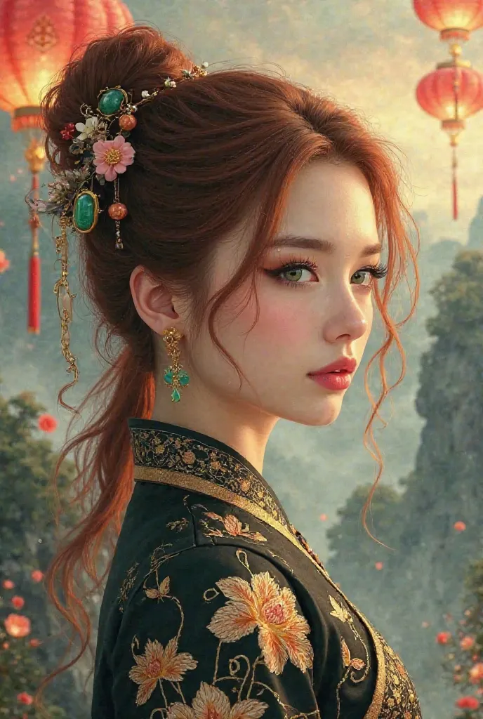 Pictorial portrait of a young woman with vibrant brown and red hair and emerald green eyes, her facial features are Russian. wearing an elegant Chinese hanfu in shades of black and gold. Her outfit is adorned with detailed embroideries of golden lotus flow...