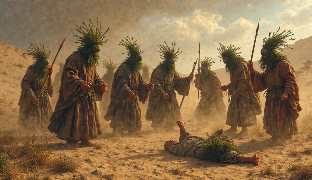 "In a desert and arid landscape, a group of fir trees, with clothing from the biblical era and rudimentary weapons, brutally attack Job's servants. The servants, dressed in simple robes, try to flee or defend themselves, but are overcome by the violence of...