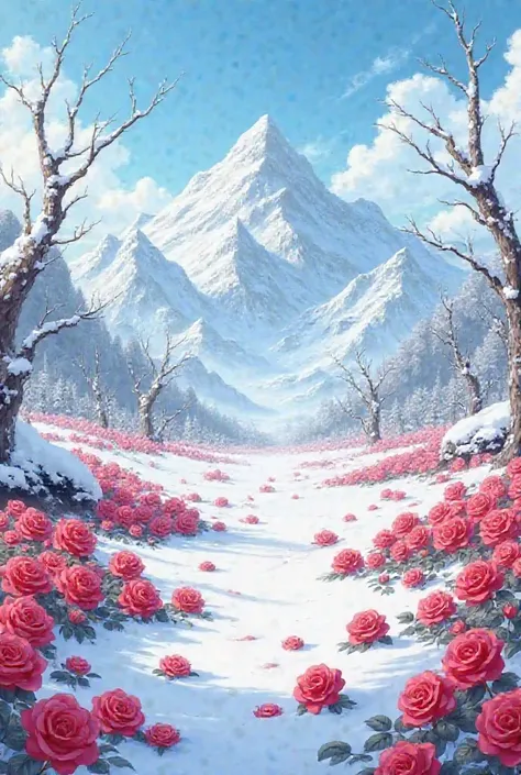 winter, snowy mountains, dried trees, very red roses growing on the snow,  many red roses, in anime art style, topquality, hdres, wallpaper