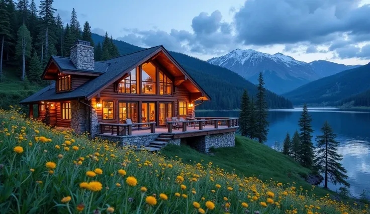 This image captures a stunning lakeside mountain retreat at dusk, nestled among rolling green hills and dense evergreen forests. A beautiful rustic lodge with large glass windows and wooden architecture stands prominently, its warm interior lights glowing ...