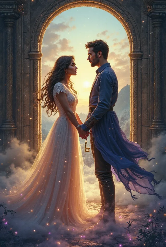  In the center of the cover , the couple meets in a magical and ethereal setting, with a soft and sparkling light surrounding them. the woman, with long wavy hair and a serene expression, wears a flowing dress that seems to blend with the environment, as i...