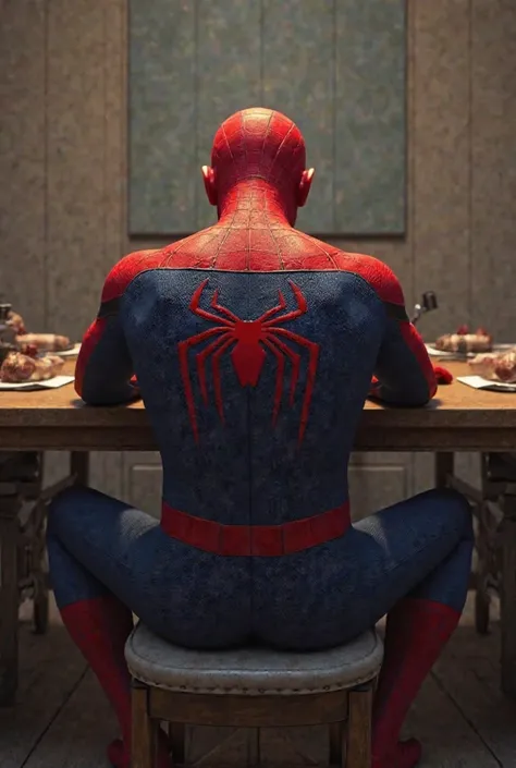 Spider-Man sitting at the table 