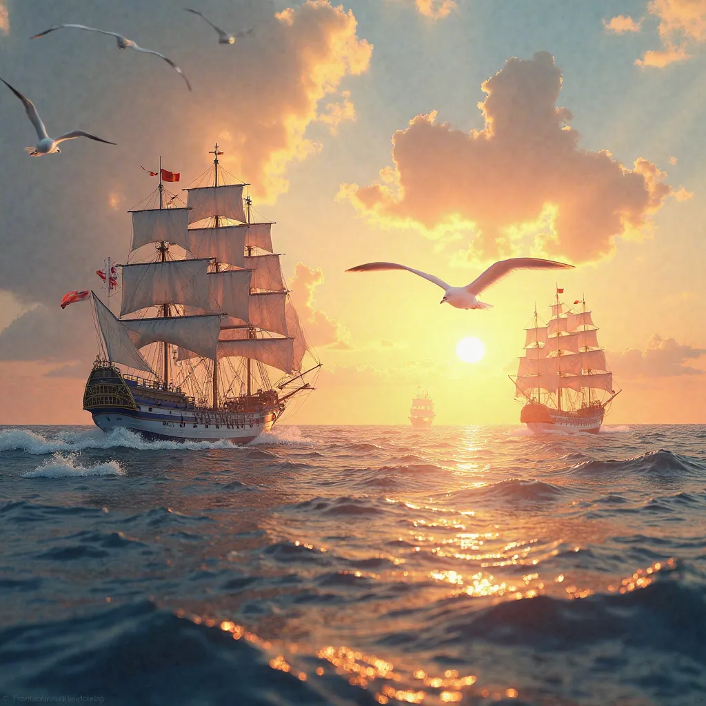 Beautiful seascape at sunset, ships, Waves, seagulls  