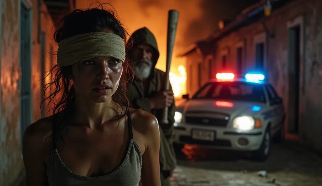 A narrow, dimly lit street in a Brazilian favela at night, illuminated by flickering streetlights and the orange glow of a burning house in the background. In a dramatic medium close-up, a terrified woman stands in sharp focus. A blindfold is tightly wrapp...