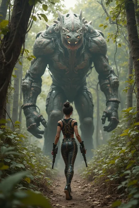 3D-dieselpunk art cgi-3d art, hyper- realistic ,tech noir art,lara cream pulls out a double gun fighting up the monster's back, jungle art ,barren , roots creeping around it, intricate mechanics l,intricate costume in white red black color g,  in metallic ...