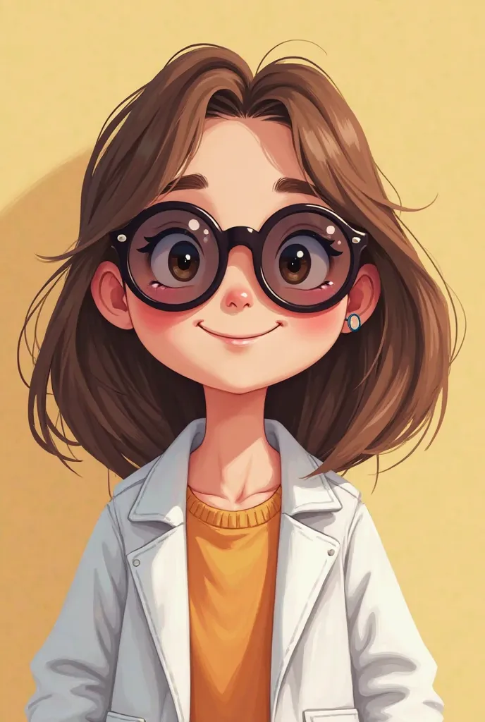 A woman with a round face and normal brown eyes that transmits joy in her eyes, Medium and straight hair with round sunglasses wide smile,With dreams to fulfill with a white coat filled with an autism and ADHD cartoon 