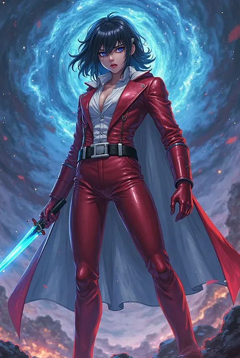 A vigilante hero,anime figure, wearing a cool red and white costume, high resolution image, detailed picture, holding a blue cosmic dagger on one hand, black hair and black eyes, blood dropping from face, standing straight looking at the viewer, angry face...