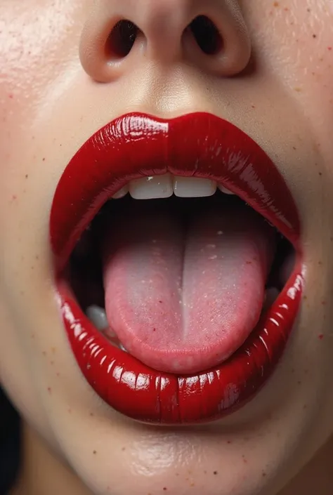 Create a woman's mouth with full lips painted in sensual red with the tongue out as if it were the Rolling logo, but in real life, above all, it should be as realistic as possible.