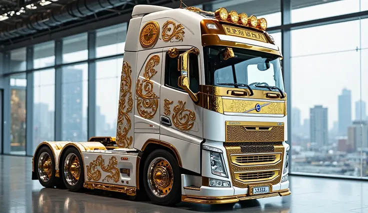 "A highly detailed and luxurious heavy-duty truck, inspired by the Volvo FH series, standing in a modern showroom. The truck has a white body with intricate gold engravings and ornamental patterns. The chrome grille features a custom golden design, and the...