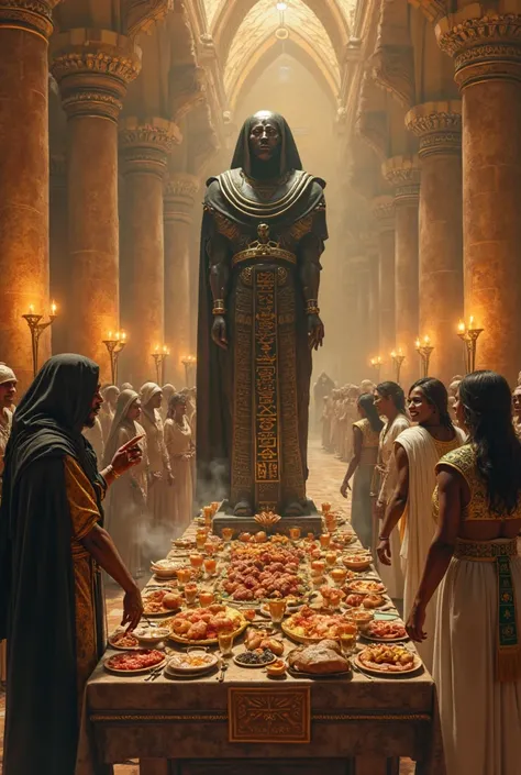 "Cinematic Egyptian mythology scene, grand palace feast with gods, Set's betrayal, hyper-realistic digital painting, intricate details, dark fantasy theme

Scene: A lavish Egyptian palace hall glowing with golden torchlight, marble pillars carved with hier...