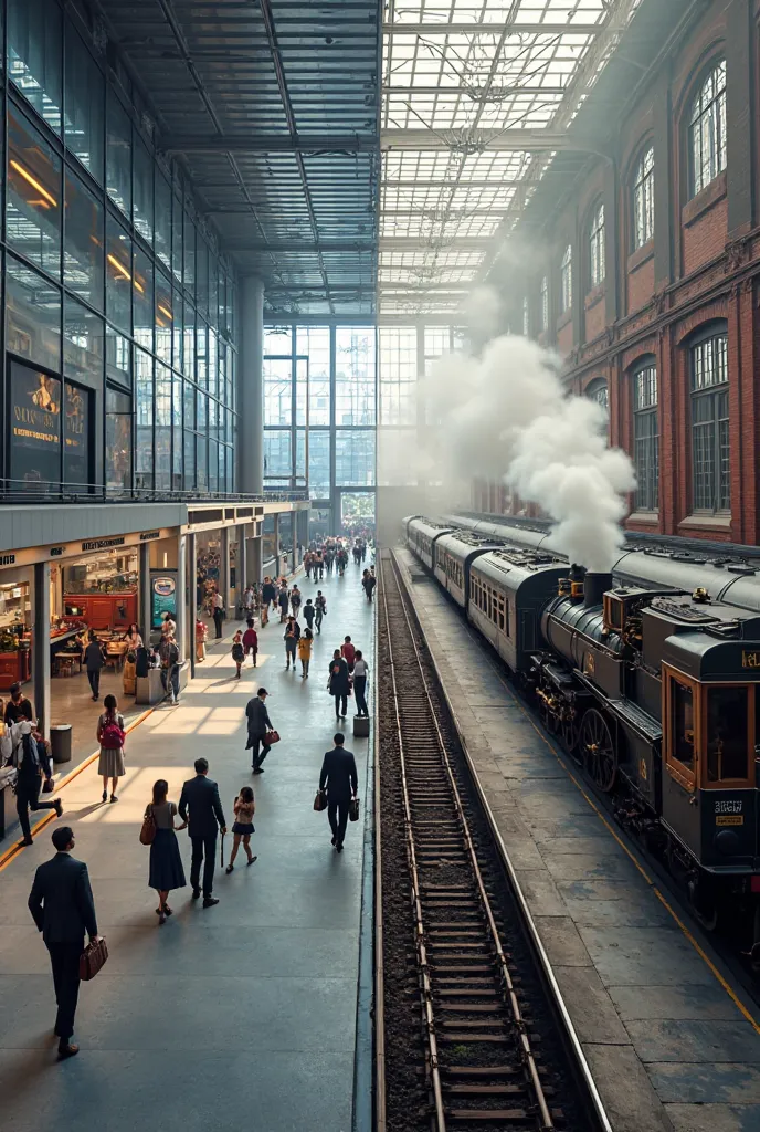 A split image: one half showing a modern station, the other half showing a 19th-century station