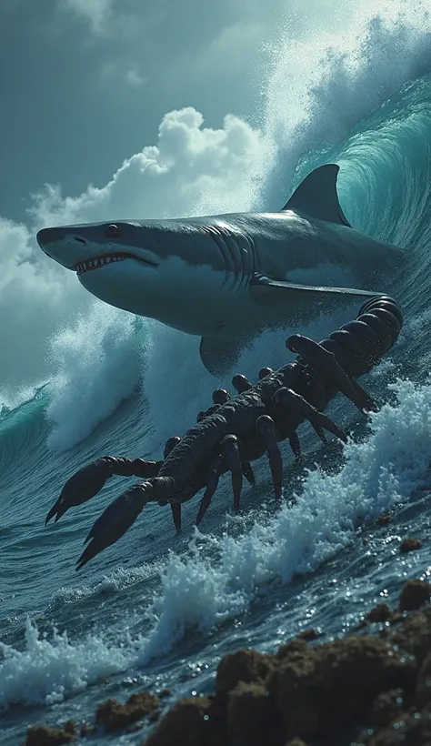 a giant shark and a giant scorpion, ocean scenery with big waves, 8K, ultra detailed,  outfit, studio lighting, dark color palette, dark atmosphere, stunning sea creatures, dramatic seascape, realistic water effects ,rendered based on physics