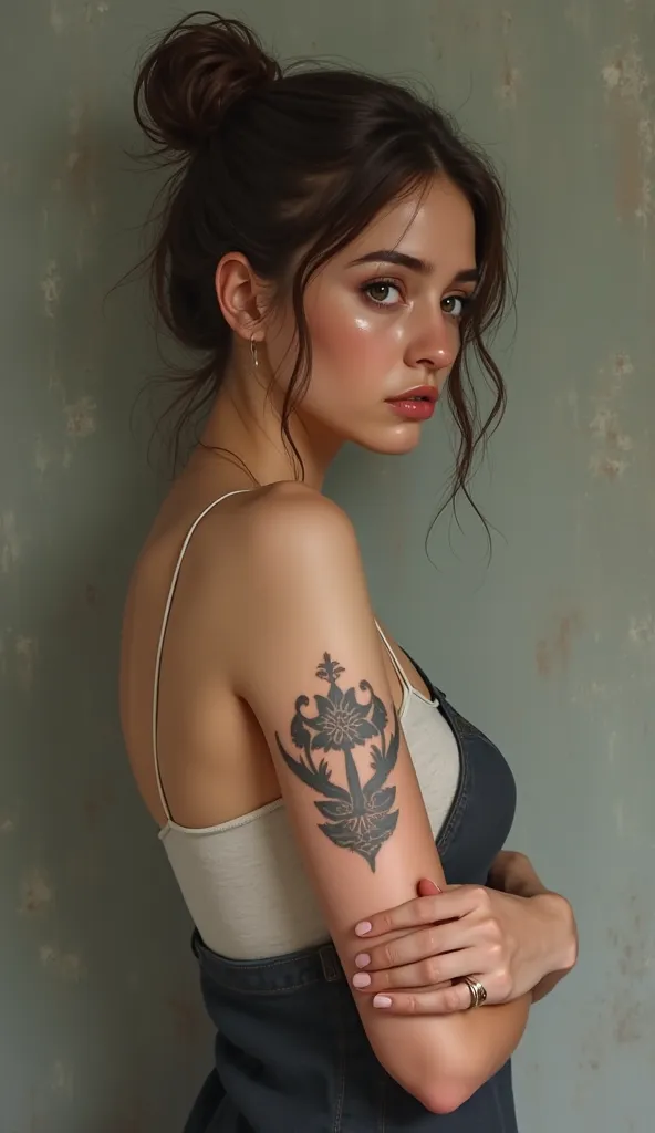 FAIR-SKINNED WOMAN LOOKING AT A FUZZY TATTOO ON HER ARM, with a doubtful face