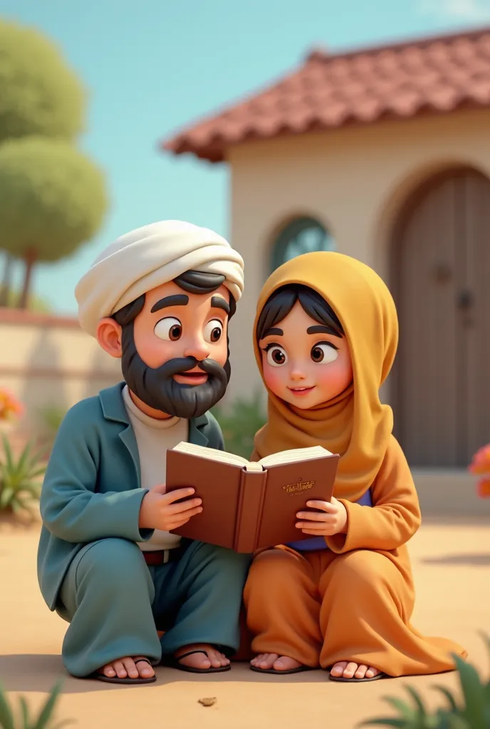 cartoon muslim man and woman reading a book in front of a small house, 3 d cartoon, stylized 3d render, 3 d epic illustrations, cute 3 d render, 3 d illustration, 3d illustration, 3d characters, 3 d animated movie, animated movie scene, animated film, digi...