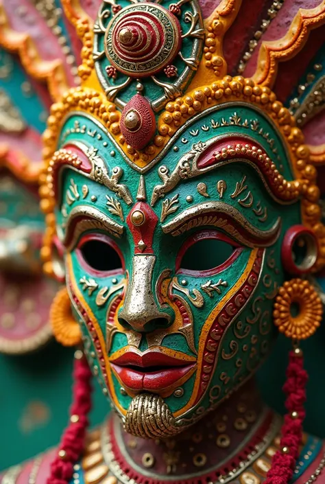 a close - up of a Brazilian traditional mask, featuring bright colors like red, yellow, and green, with intricate patterns, beaded decorations, and a touch of gold leaf