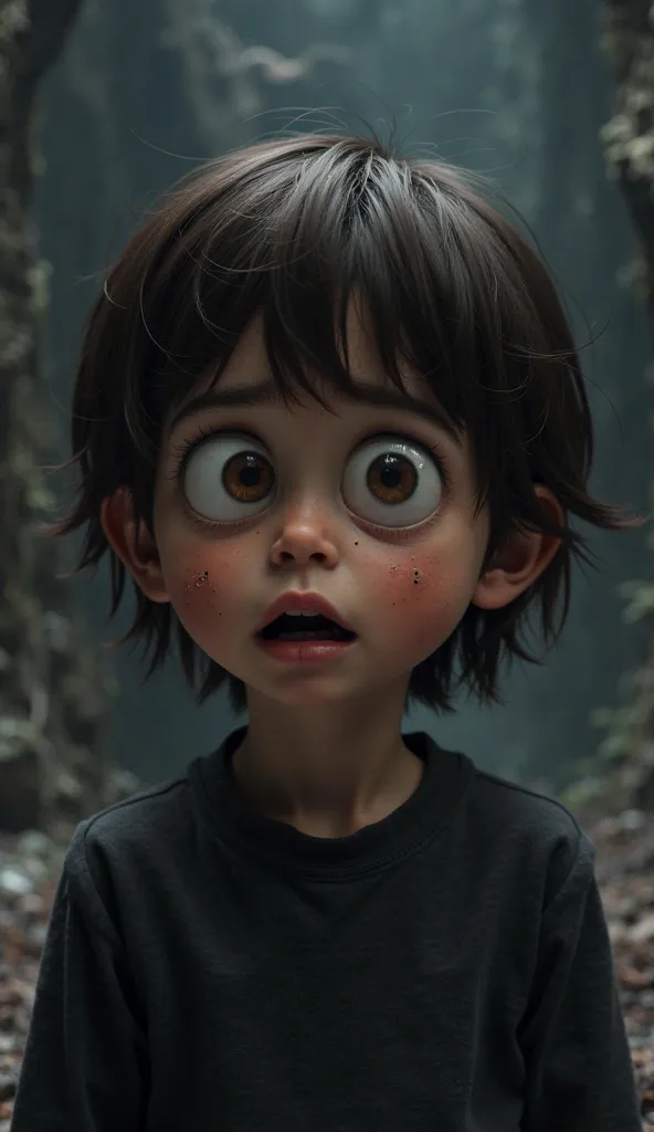 Create an image of a Minion dressed as Will Byers, with dark brown hair, wearing a dark long-sleeved t-shirt and a scared expression. The background must be dark, representing the Inverted World, with details of spatial distortions around it. The lighting ...