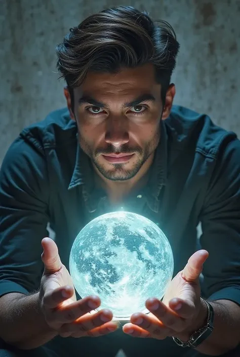 A handsome young man holds us forward with his hands on a crystal globe 