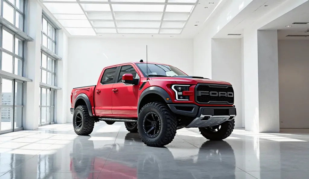 Create realistic photo of 2025 caterpillar pickup truck . Car is standing in  showroom. Car color is red