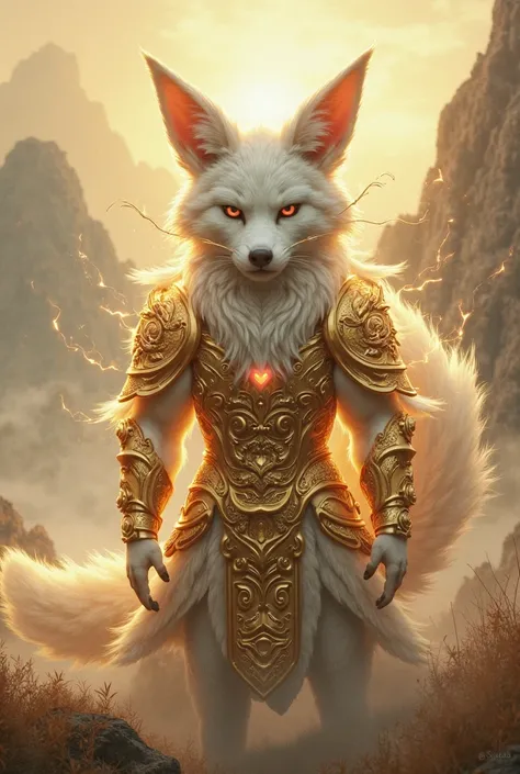 A white-haired kitsune with a golden dragon armor