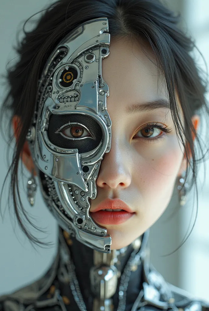 Beautiful young Asian girl wearing a bikini, half of her face is a terminator