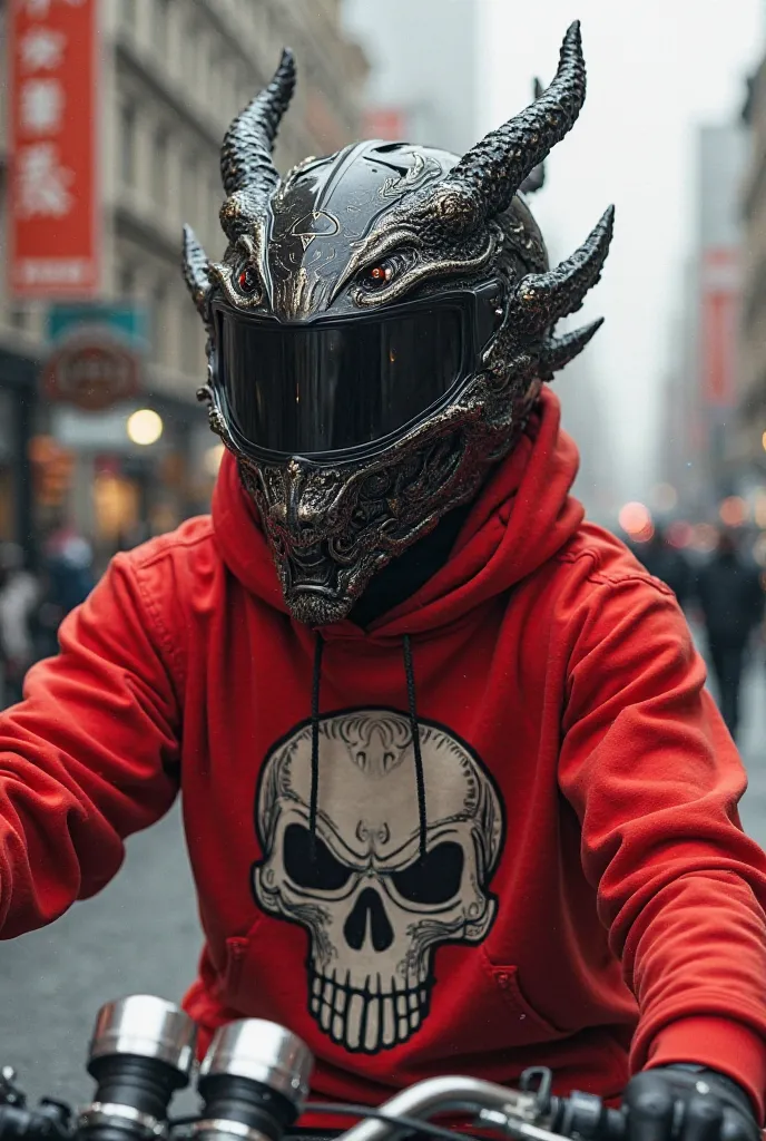 A motorcyclist with a dragon helmet and who wears a red sweatshirt and on the front of the sweatshirt a skull what does commander say
