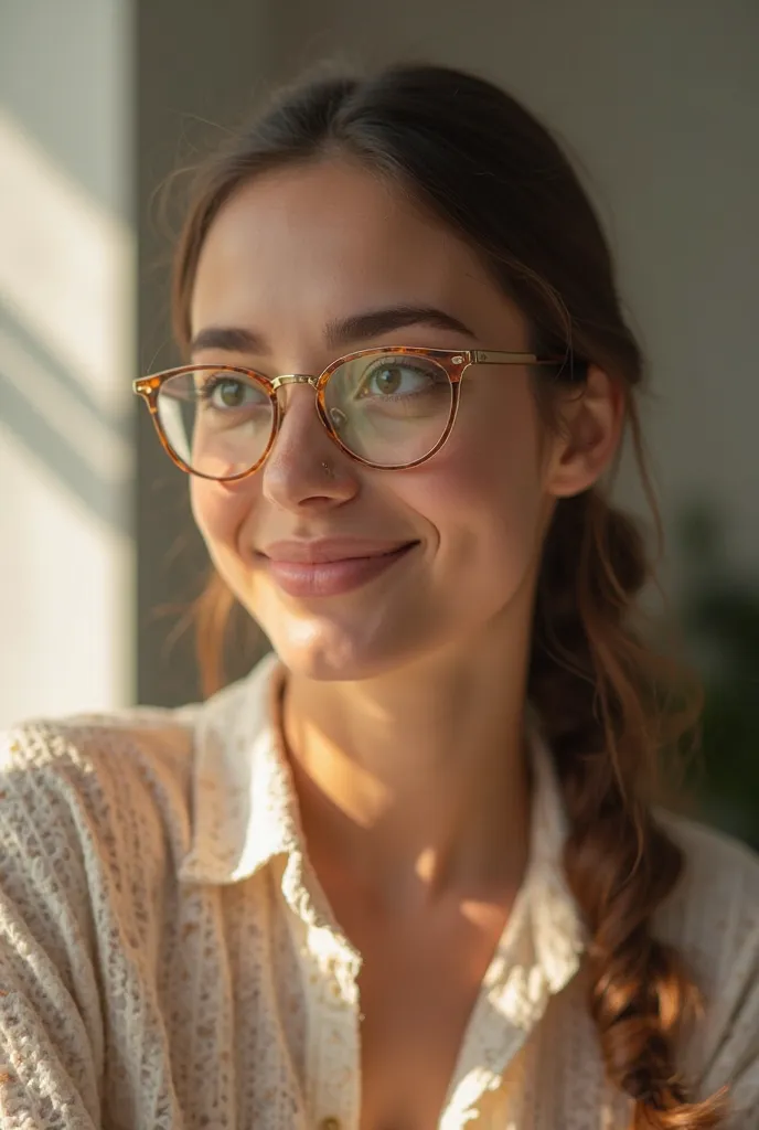 High quality, 8K ultra HD, of a young woman who is around 25 to 30 years old and she works in an office because she wears beautiful lenses because she can't see well but when she goes outside there is a lot of sun but she helps herself with her lenses sinc...