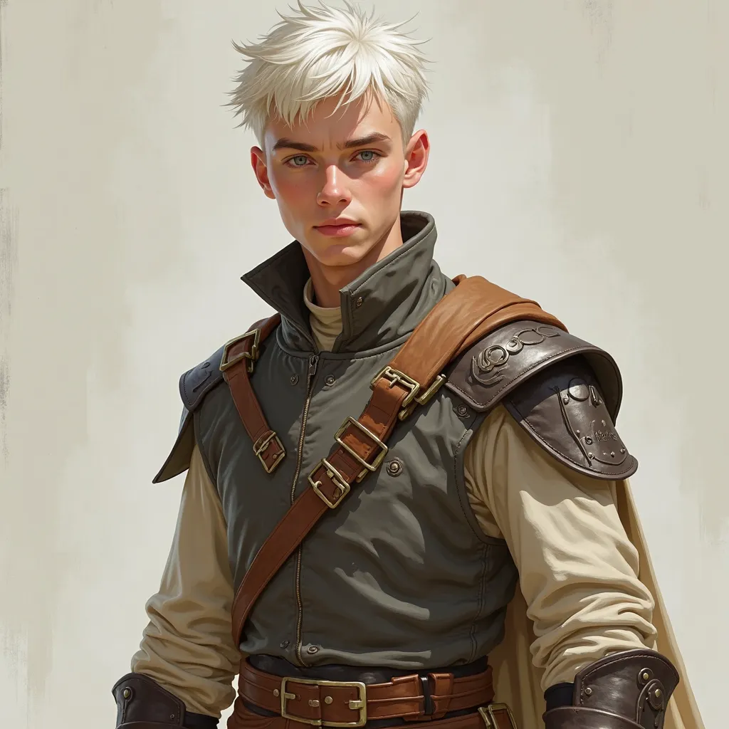 A 17-year-old human youth, fair skin and short white hair. it measures 1,82m, has a light and agile physique, without armor. His costume is simple and functional, suitable for someone who relies more on speed than brute force. He may be wearing light trave...