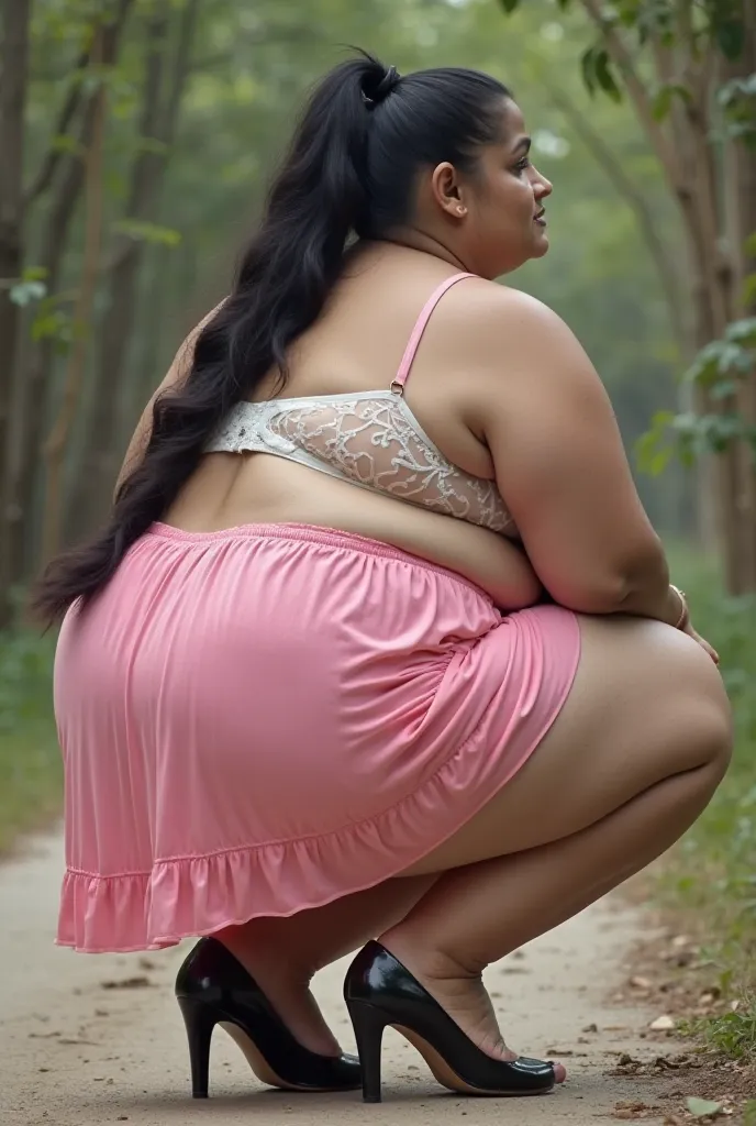 Indian bbw plus size woman,35 age, white skin with very long pony tail black hair, huge very big booty, thick legs, big round ass, wears a pink petticoat and white 80 size bra. Black rubber high heels, she shows her huge very big booty  120 size round ass ...