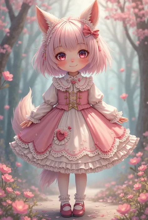 The girl (Tanilobita ) short pastel pink hair with bangs, wolf ears and wolf tail ,  heart-shaped patch , Lolita Victorian Sleeveless Cosplay Costumes Lace Lace Cloaks, zapatos Mary Jane*