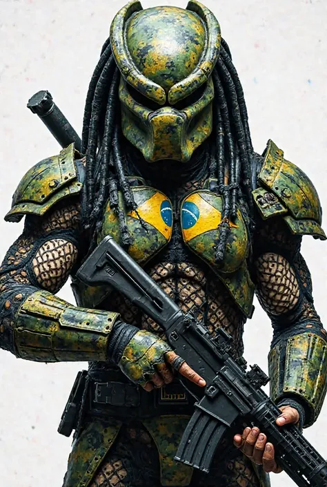 then make an image inspired by the PREDATOR, He is holding a PARAFAL and is in uniform with the clothes of the Brazilian army camouflaged, small symbol of the Brazilian flag on your left chest, focus only on the character, you can erase the background to l...