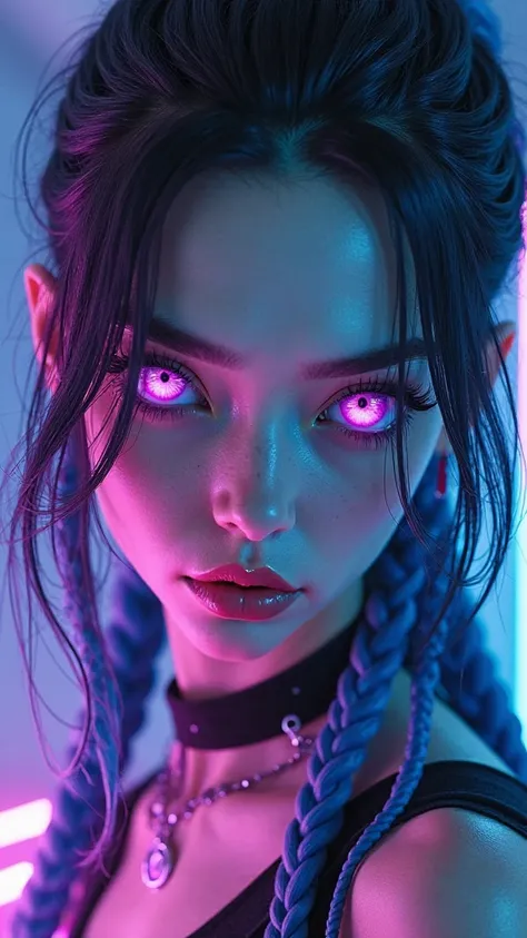 A close-up, ultra-detailed portrait of a fierce, cyberpunk-inspired female character with intense glowing purple eyes. Her gaze is piercing, surrounded by thick, dark eyelashes and subtle cybernetic scars on her pale skin. Her long, electric blue braided h...