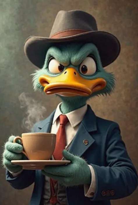 Make me a duck in a suit and hat, Drinking coffee and looking at the camera angrily, Make it a fairly adult style, It&#39;s for a meme

