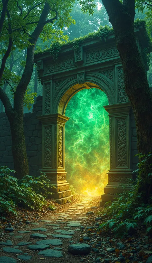 "A mysterious glowing portal hidden deep within an enchanted forest, its entrance surrounded by ancient stone ruins. The colors shift between deep emerald and warm golden light, evoking a sense of wonder."